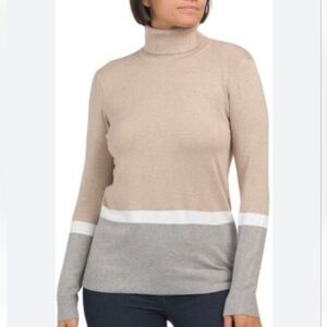 Calvin Klein Color Block Striped Pull On Turtleneck Sweater Top